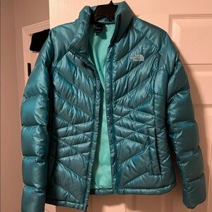 The North Face Blue Puffer Jacket with Quilted Design and Stand-Up Collar
